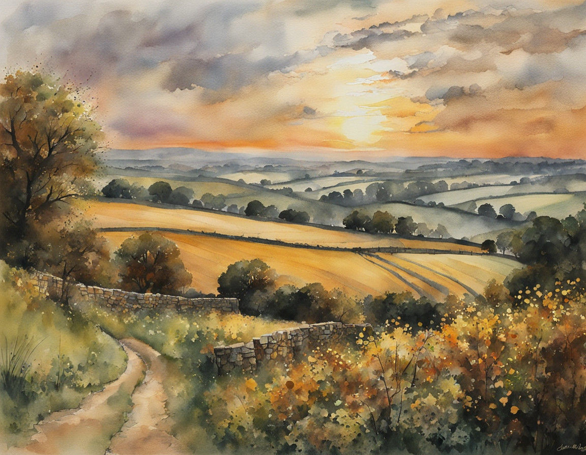Cotswold Sunset in Watercolor Style