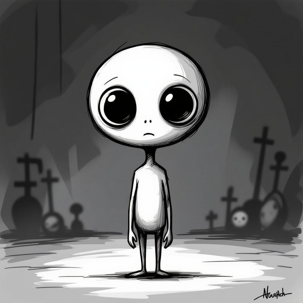 Surreal Black & White Illustration of a Somber Creature