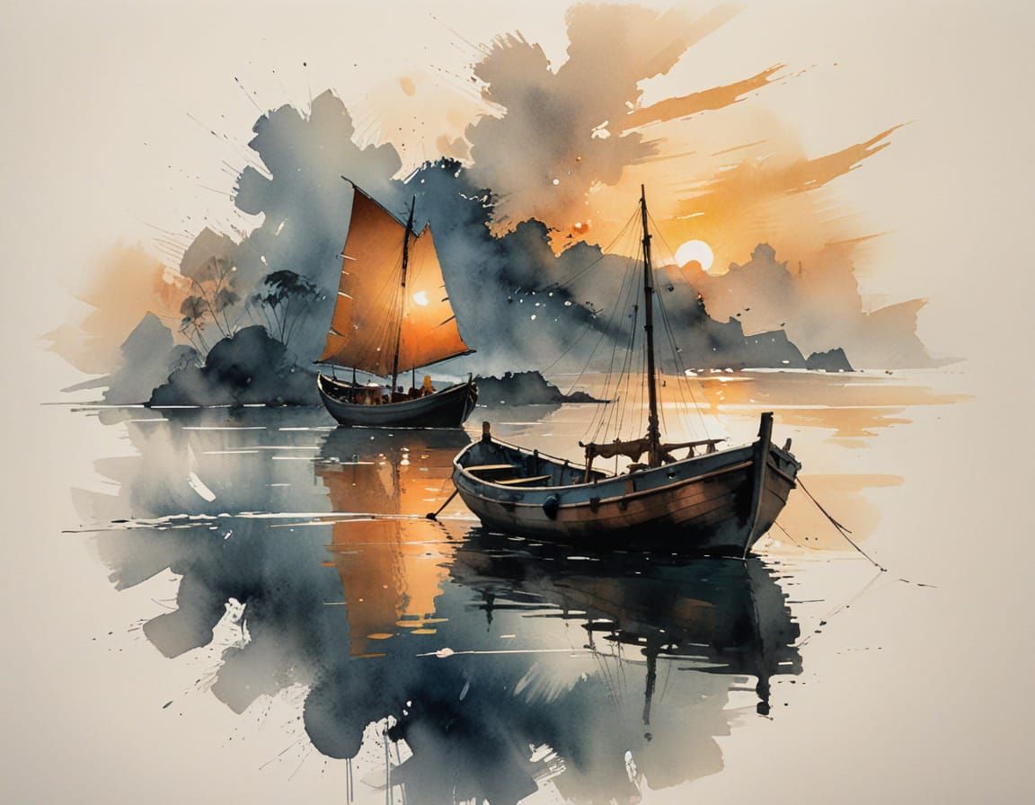 Old Boat at Sunset in Ink Wash Style