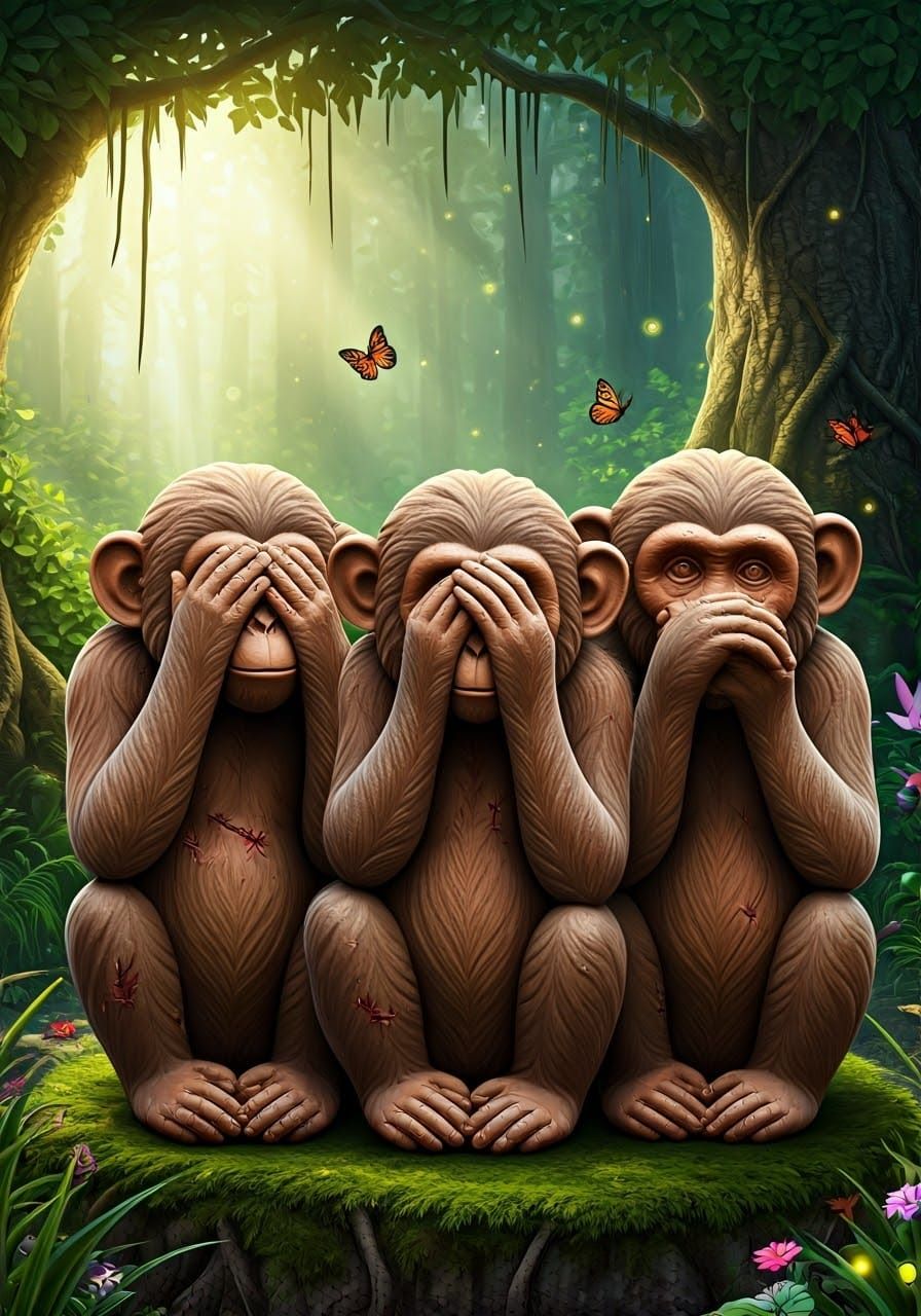 Surreal Clay Monkeys Lined Up in a Forest with Fierce Wounds