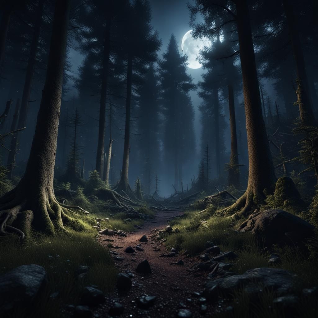 Dark Forest at Night in Cinematic 3D
