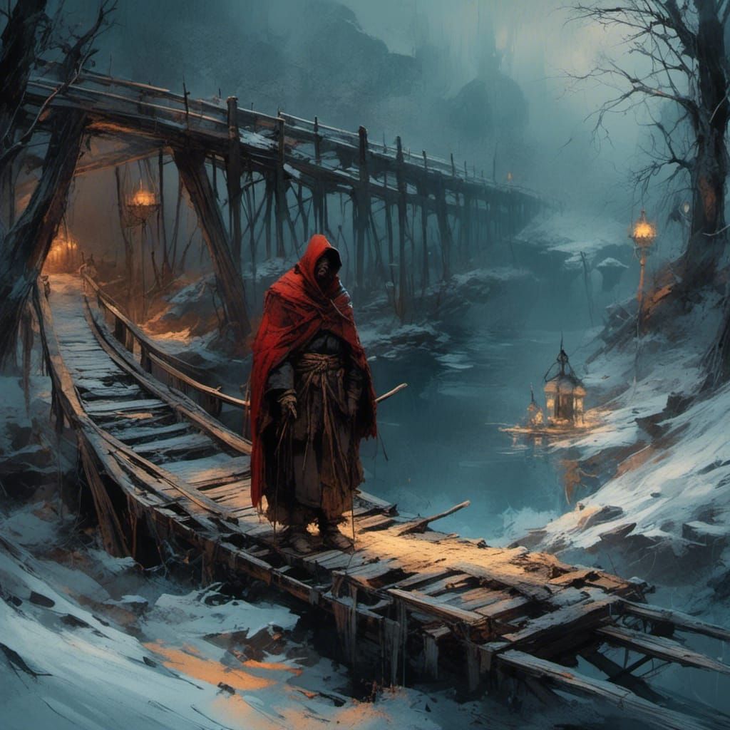 Dark Ages: Monk Guards Bridge on Winter Night