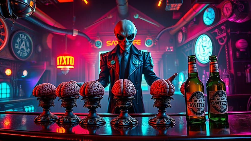 Alien Biker Tends Bar in the Afterlife