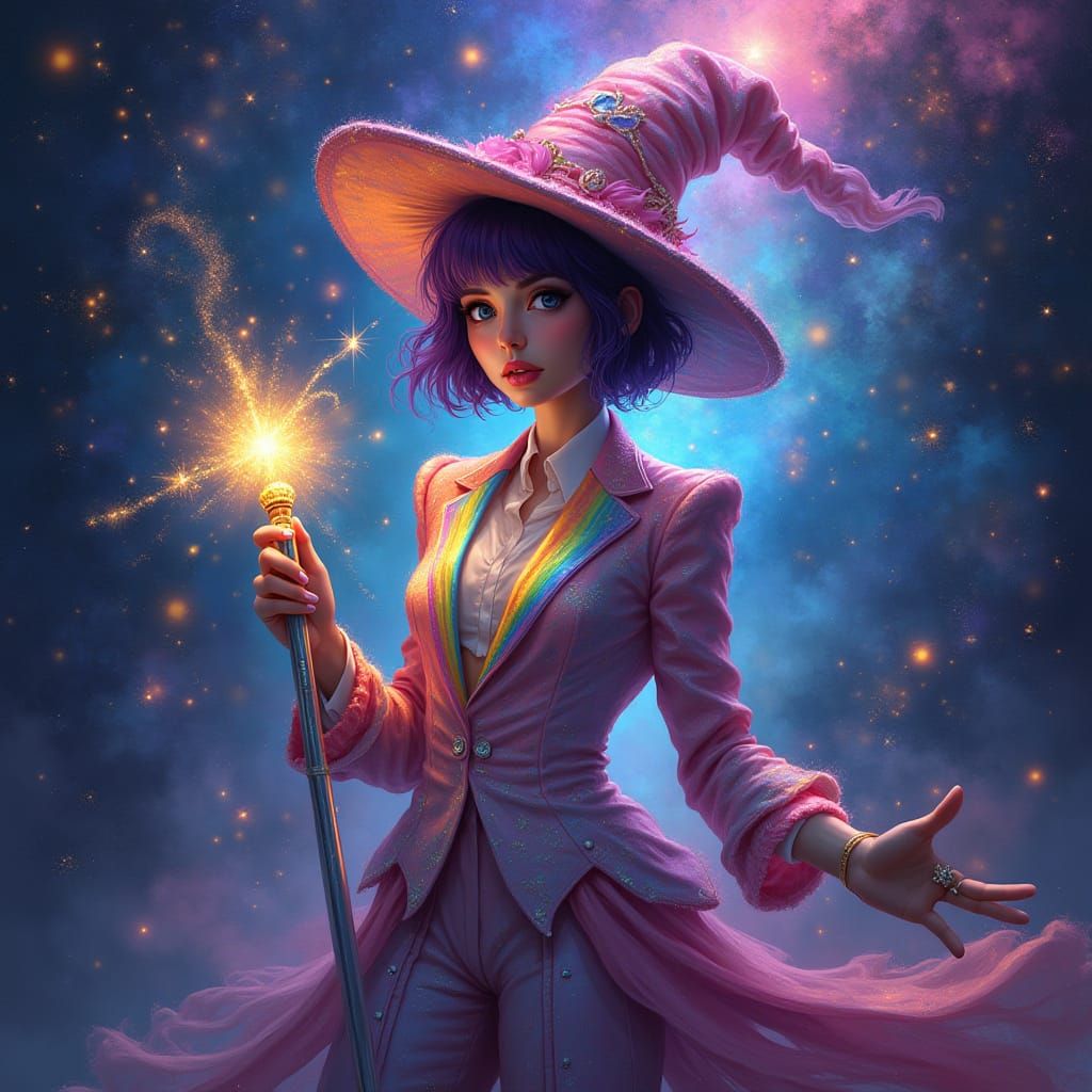 Ethereal Fantasy Wizard in Vibrant Cosmic Attire