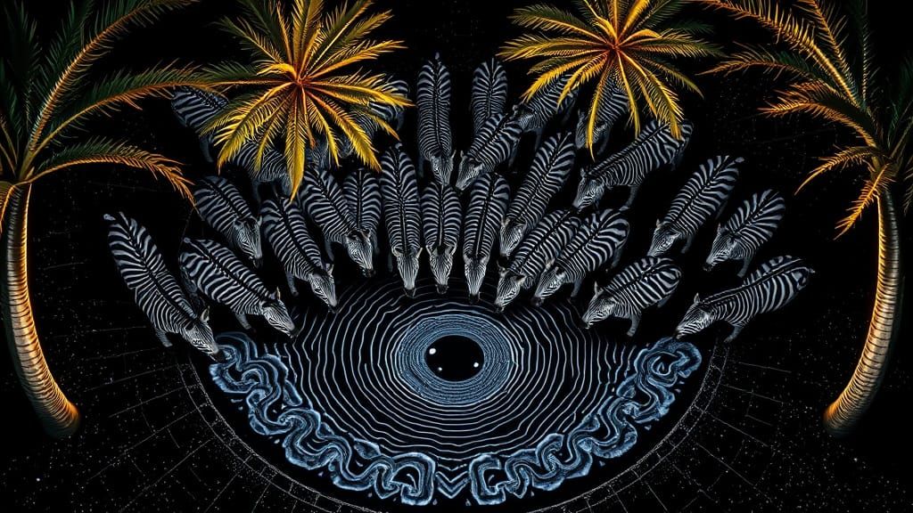 Zebras Drink From Giant Eye Oasis, Fractal Desert