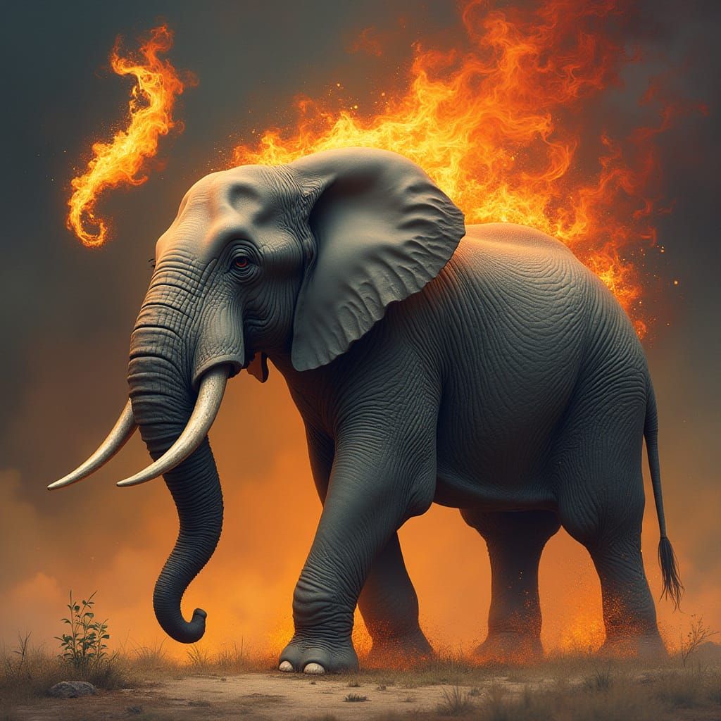 Majestic Elephant with Blazing Tail in Vibrant, Surreal Styl...