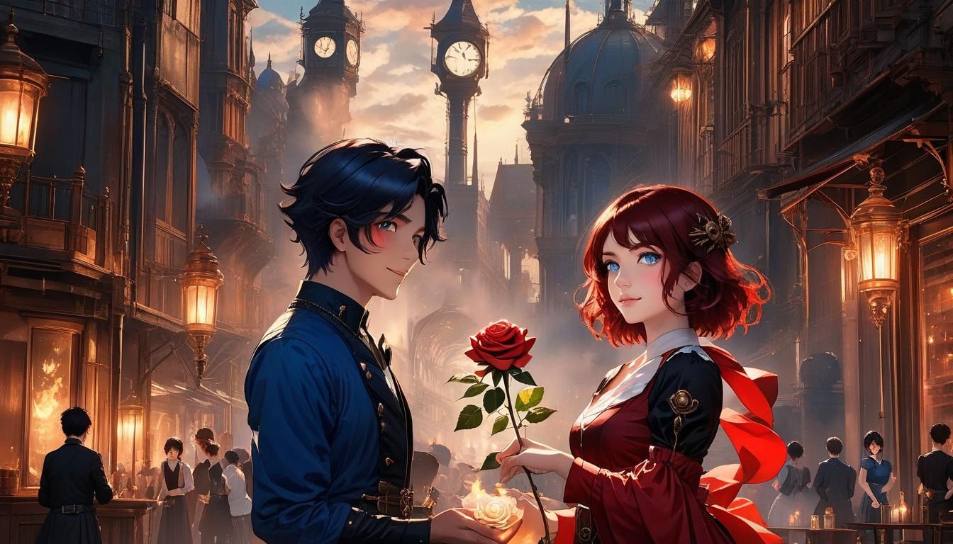 Teenage Fire Mage Offers Rose in Steampunk Scene