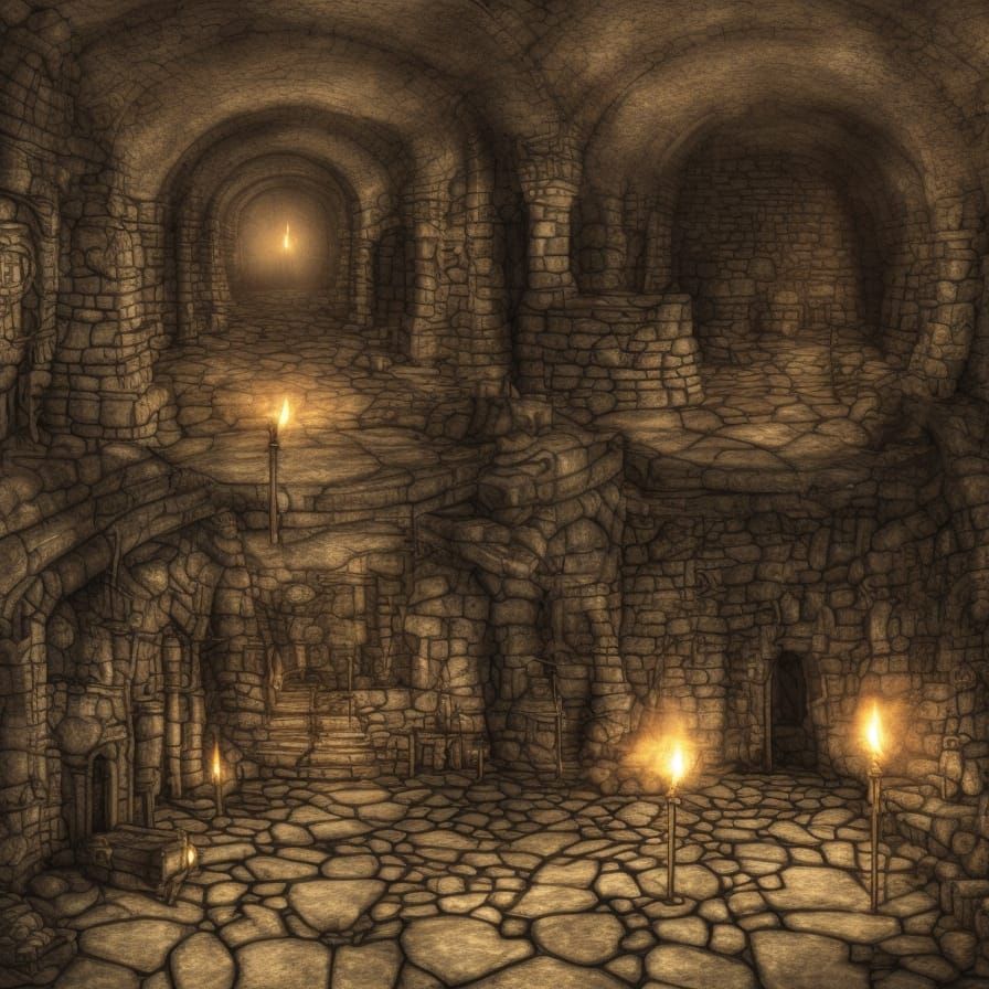 Dark Fantasy Dungeon Lit by Torches