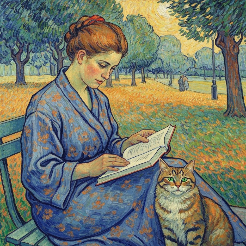 Woman Reading with Cat in Post-Impressionistic Style