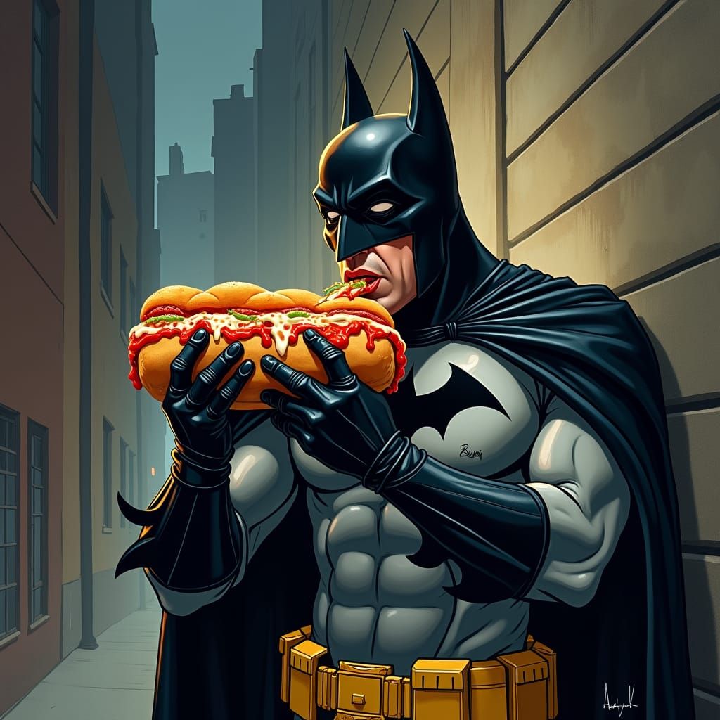 Batman Enjoys Italian Sub in Gotham Alley
