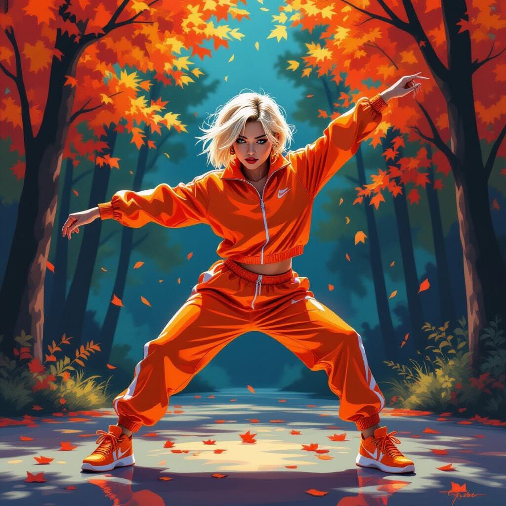 Sassy Lady Breakdancing in Autumn, Digital Oil Painting