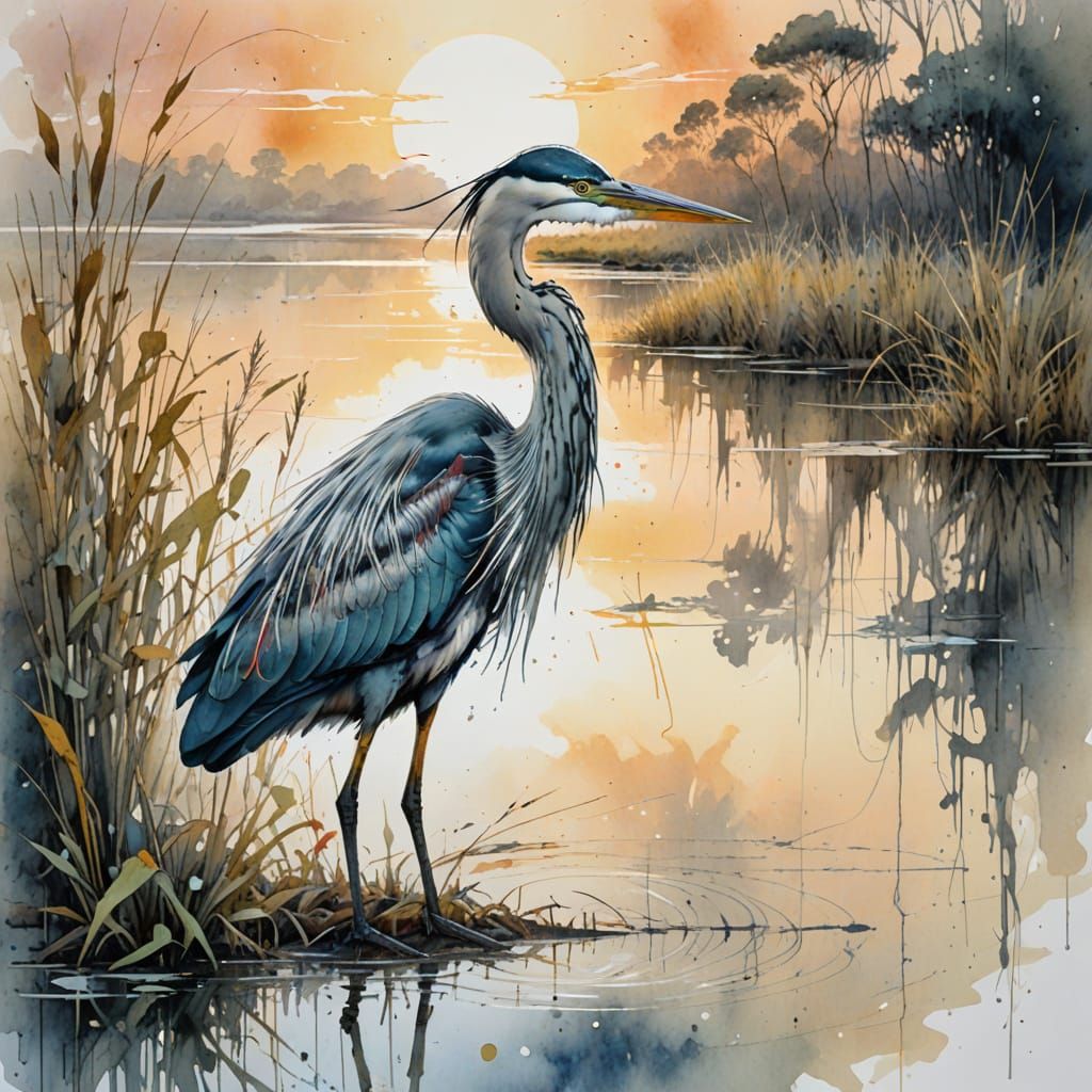 Serene Heron in Mystical Sunrise Marshland, Fine-Tuned Water...
