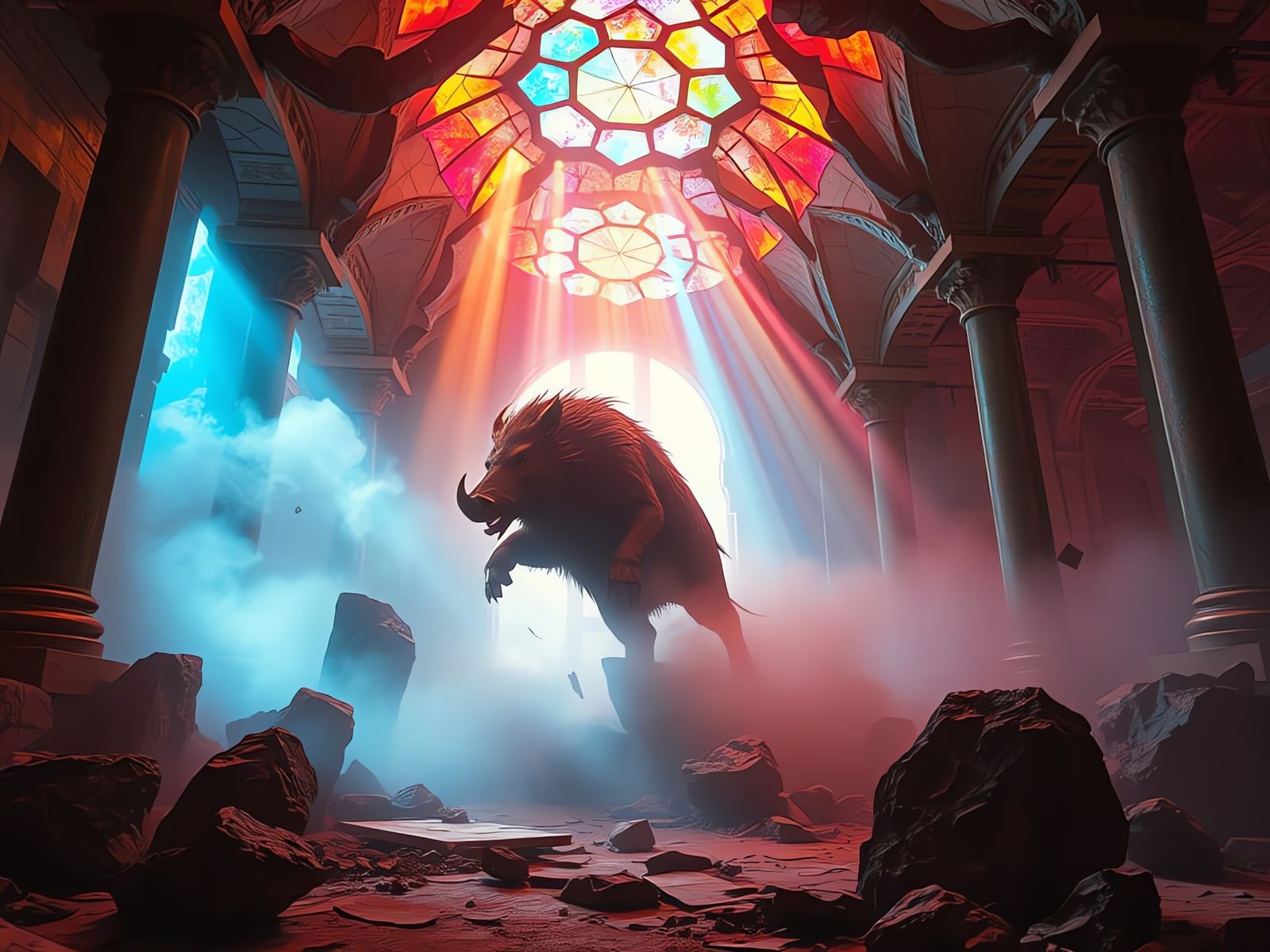 Boar-Man in Crumbling Sanctum: Cyberpunk Fantasy