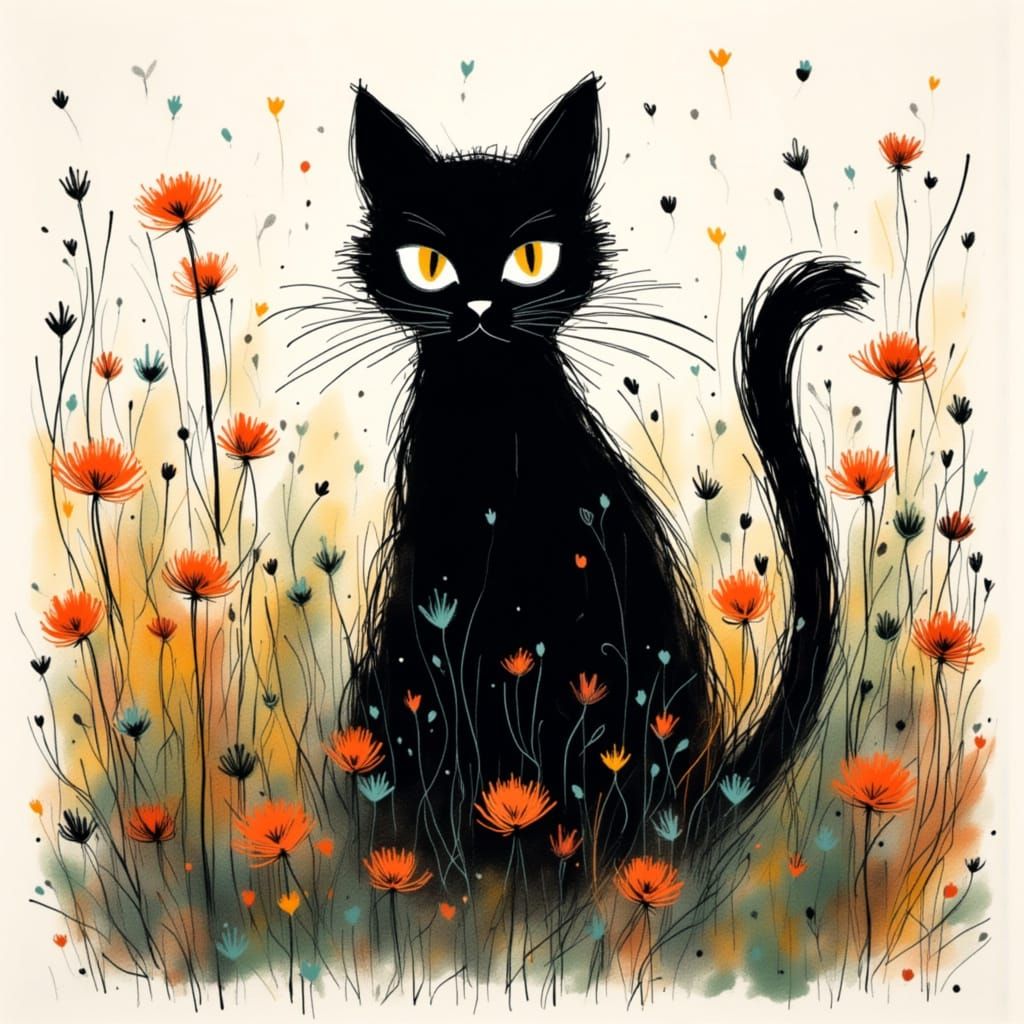 Minimalist Black Cat with Googly Eyes in Clover Field