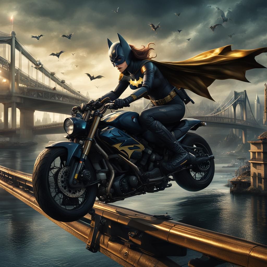 Batgirl Motorcycle Jump: Epic Digital Painting