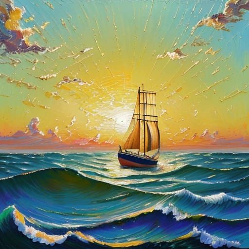 Easter Bunny Rows Across Sea as Impasto Painting