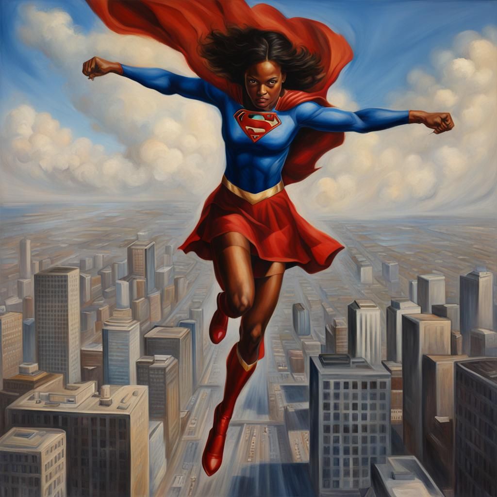 Realistic oil painting African-American supergirl flying over metropolis