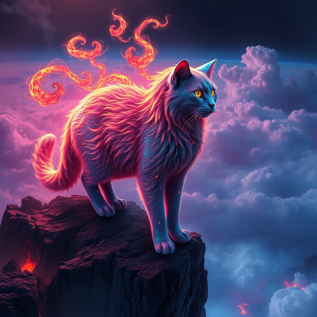 Iridescent Lava Cat Overlooking Psychedelic Realm