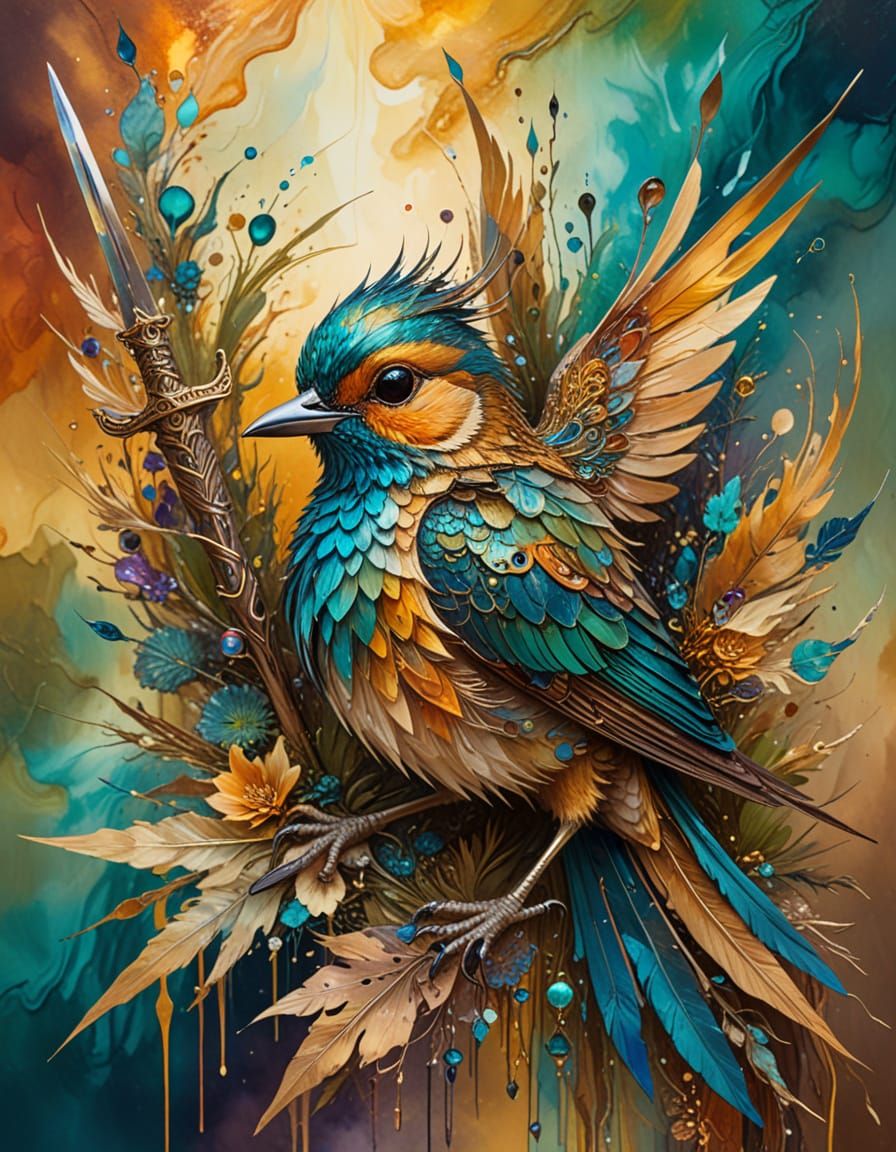 Surreal Bird with Fins Holds Tiny Sword in Kaleidoscope Colo...