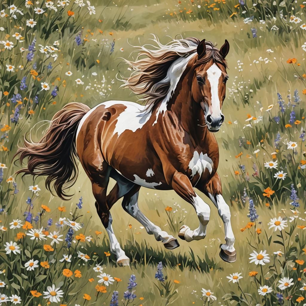 Majestic Paint Horse Galloping Through Wildflowers
