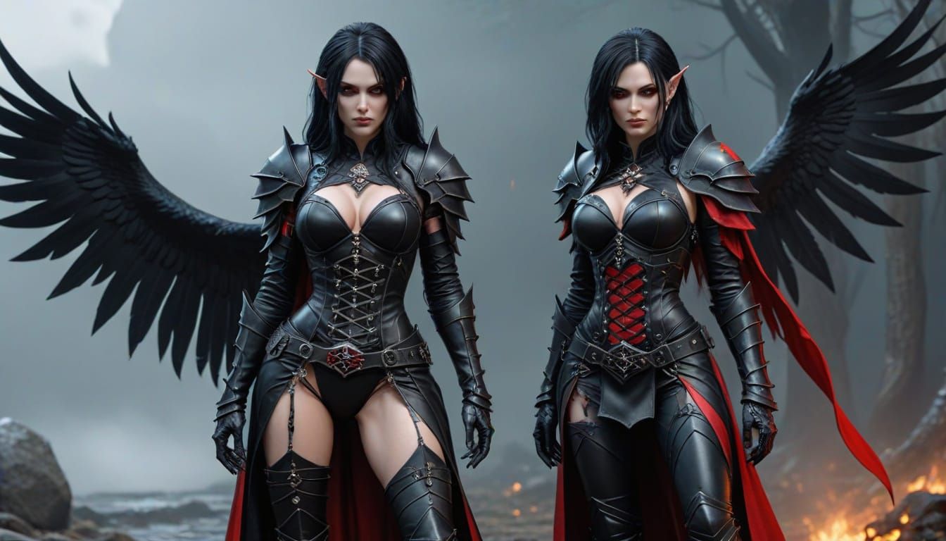 Beautiful Raven-Haired Goth Elf in Leather Armor