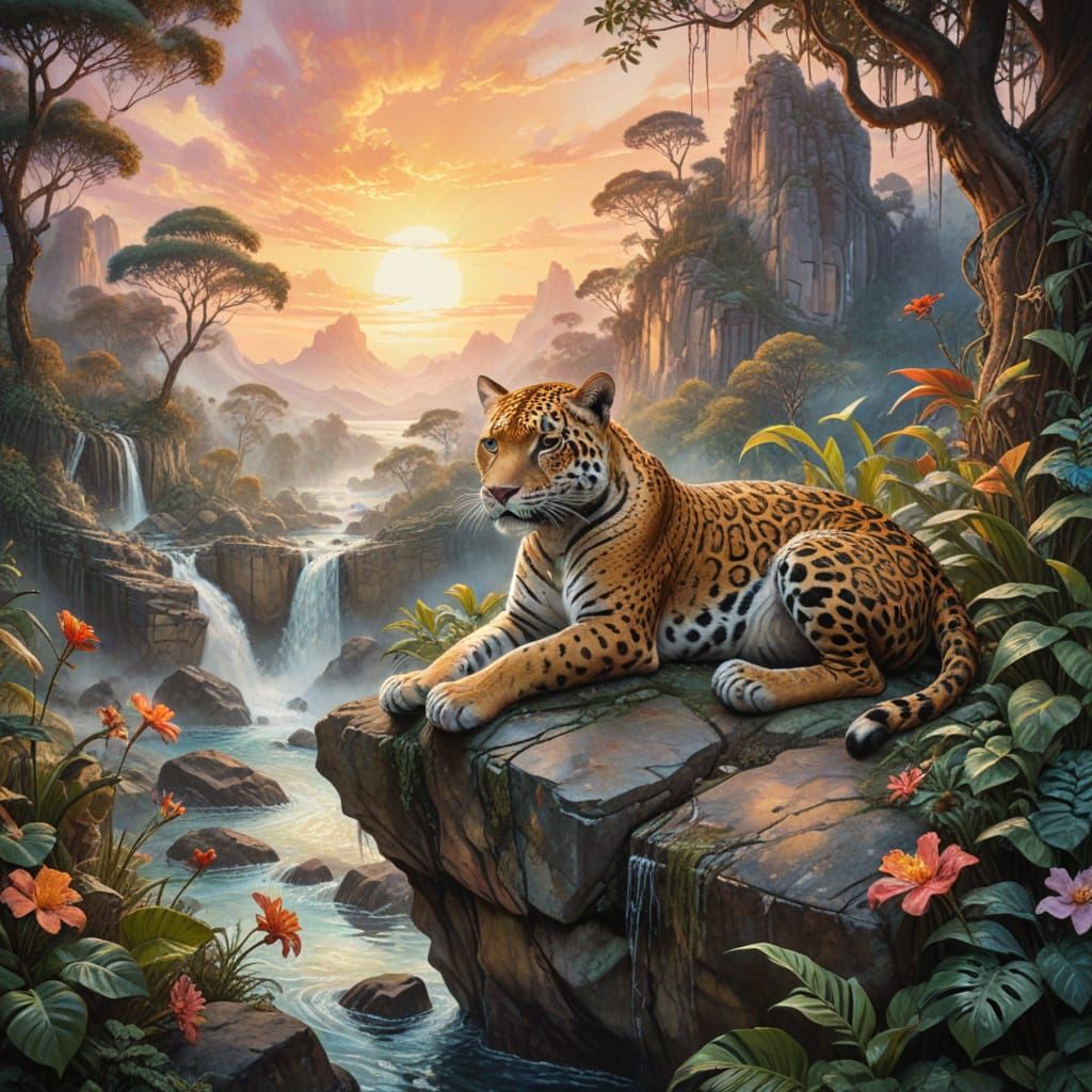 Surreal Jungle Jaguar at Sunset in Masterful Line and Waterc...