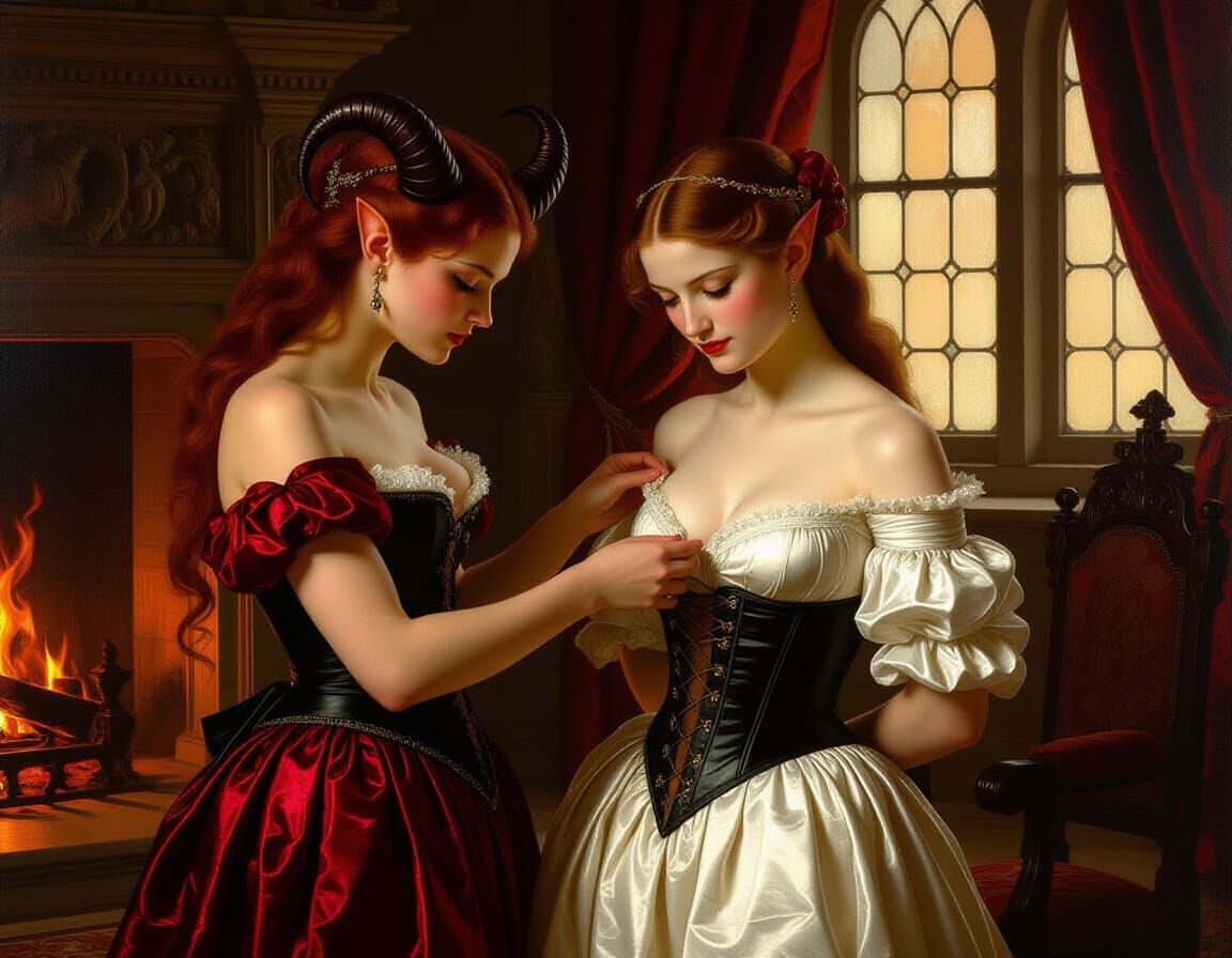 Renaissance Painting of Elf Lady and Tiefling Handmaiden
