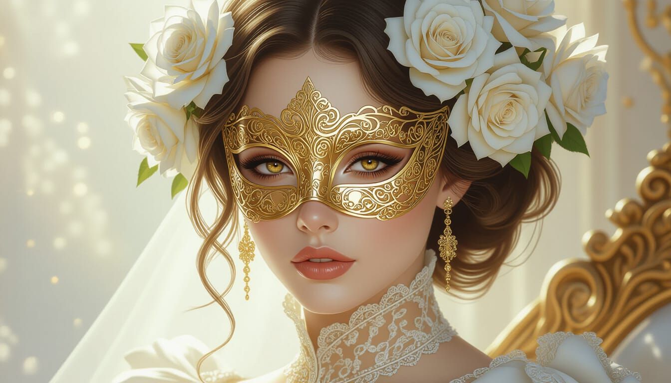 Ethereal Woman in Golden Mask with Roses