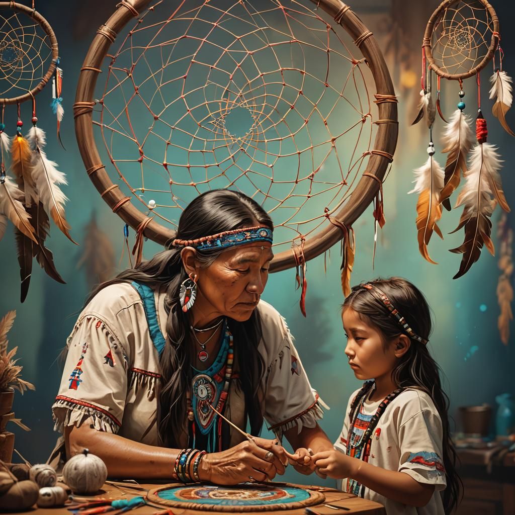Mother and Daughter Crafting Dreamcatcher: Hyperrealistic Ar...