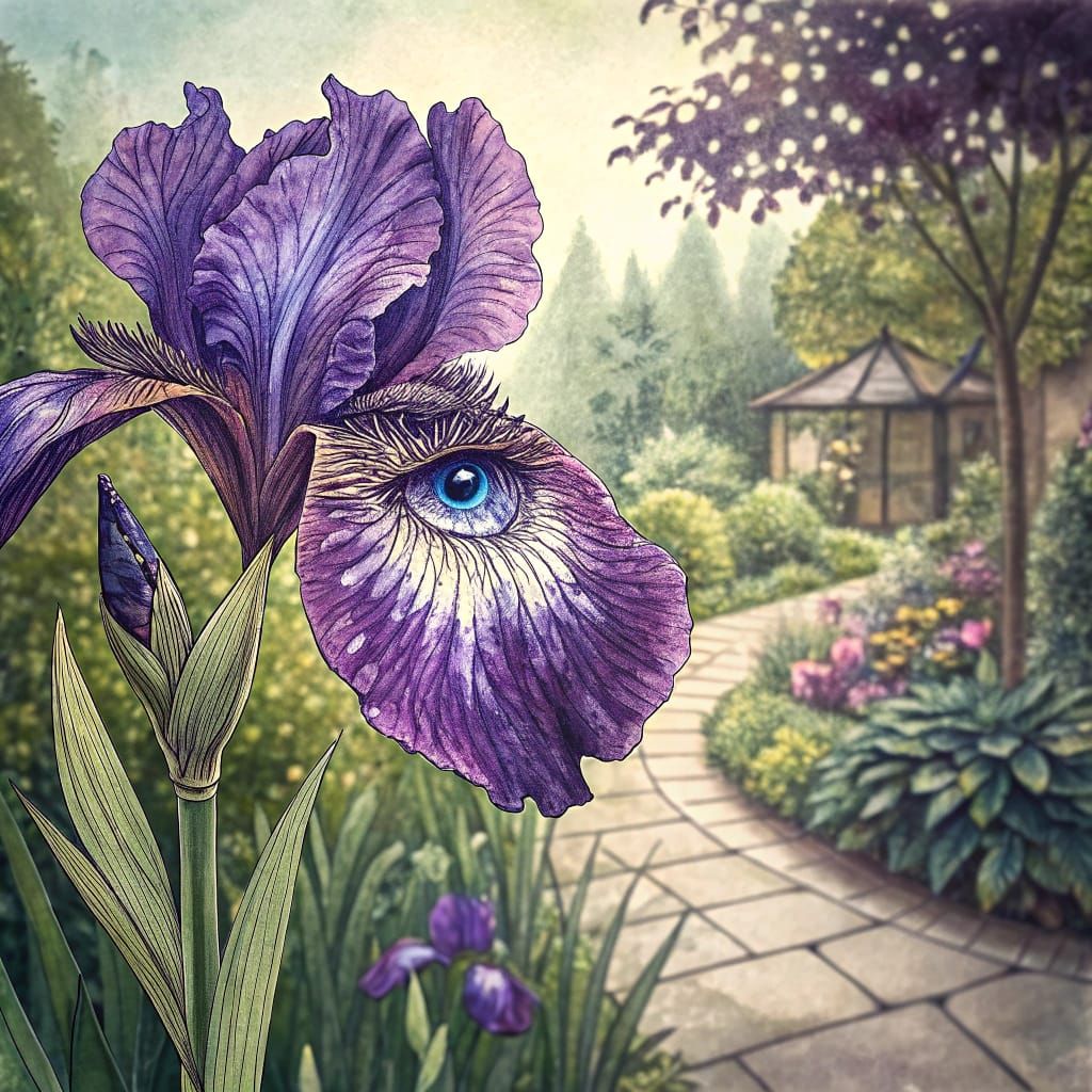 Vibrant Purple Iris Blooms in Vintage Summer Garden