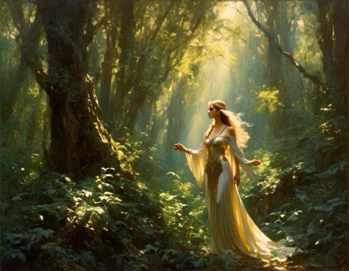 Elven Woman in Sunlit Forest, Art Deco Style