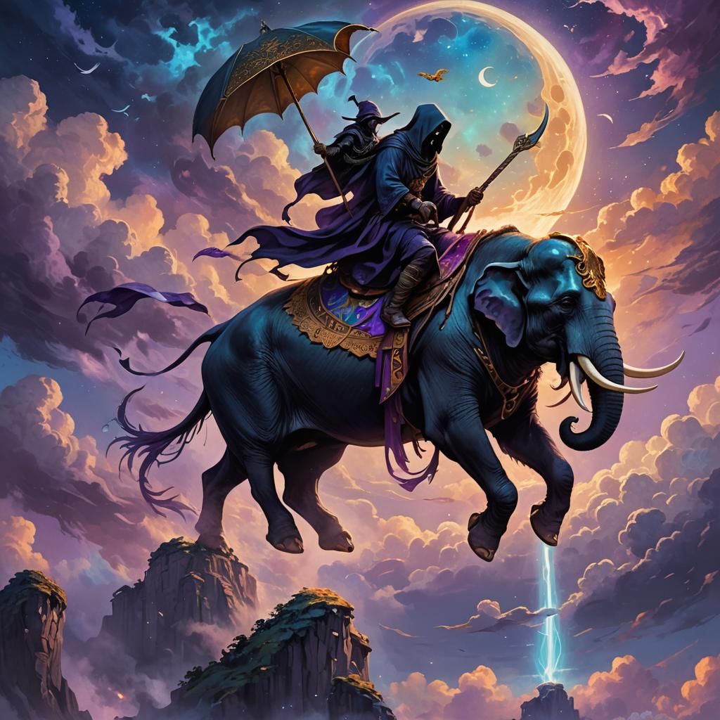 The grim reaper riding on the back of a flying elephant