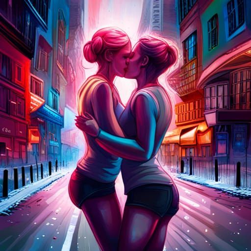 Lesbians Kissing in Graffiti Art Style