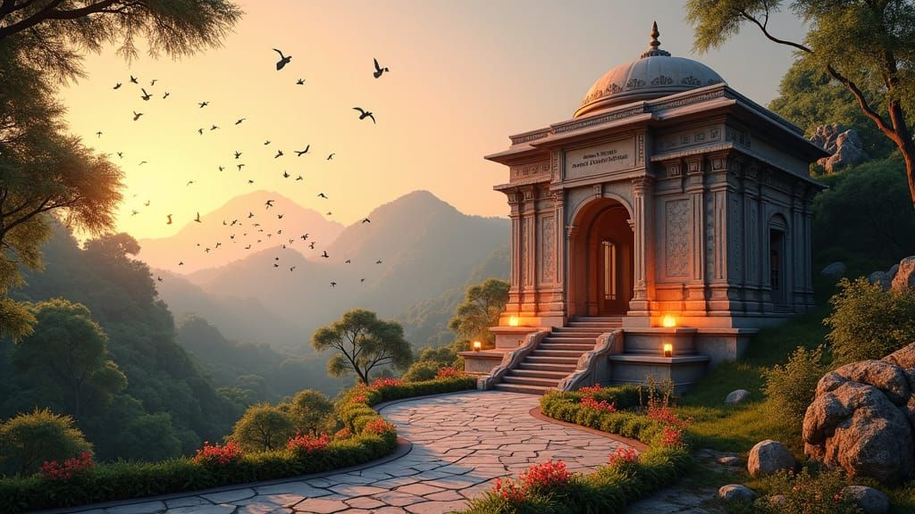 Serene Temple Scene at Dusk in 3D Art