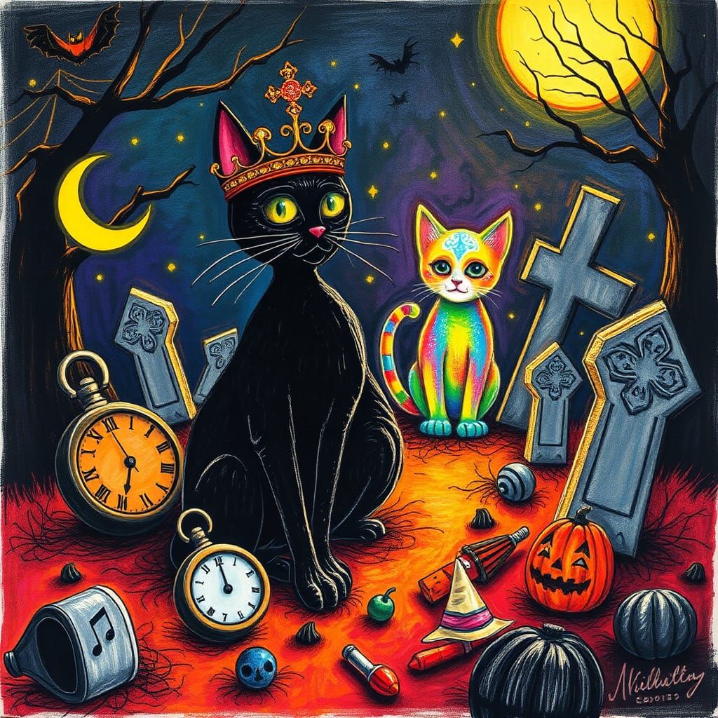 Halloween Black Cat in Surreal Crayon Art Style