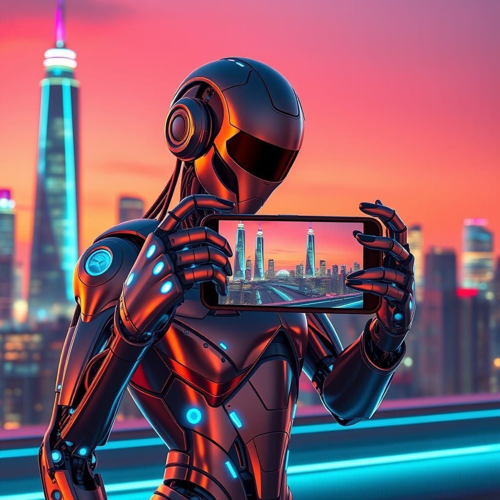 Robot in Futuristic Cityscape Selfie