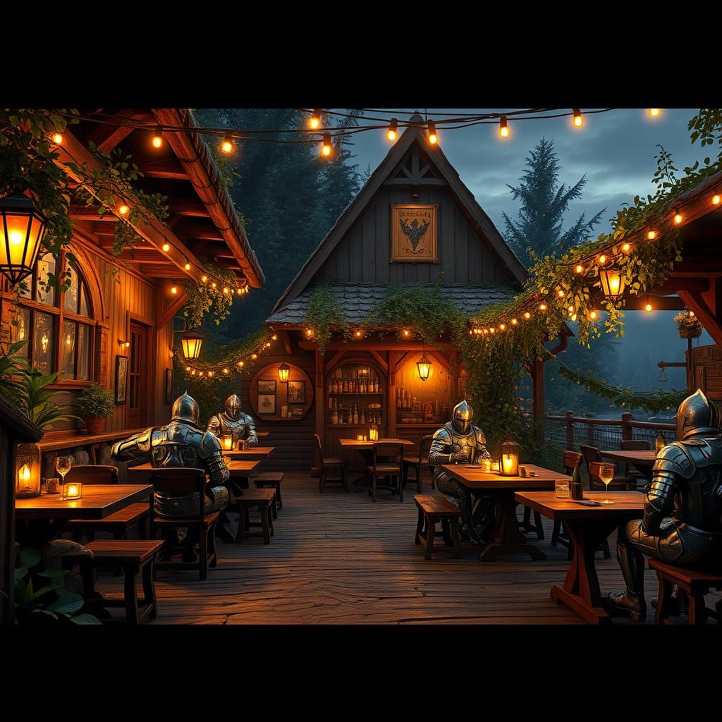 Enchanted Knights Gather in Whimsical Café at Dusk