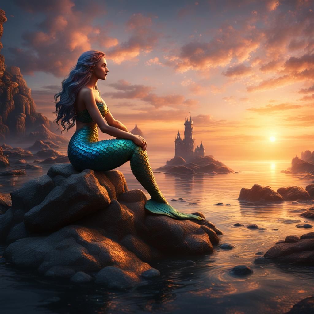 Mermaid in Sunset: Detailed Fantasy Art