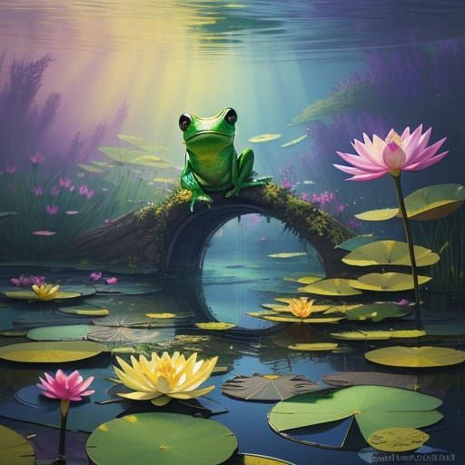Surprised Frog in Lotus Pond: Hyperrealistic Fantasy Art