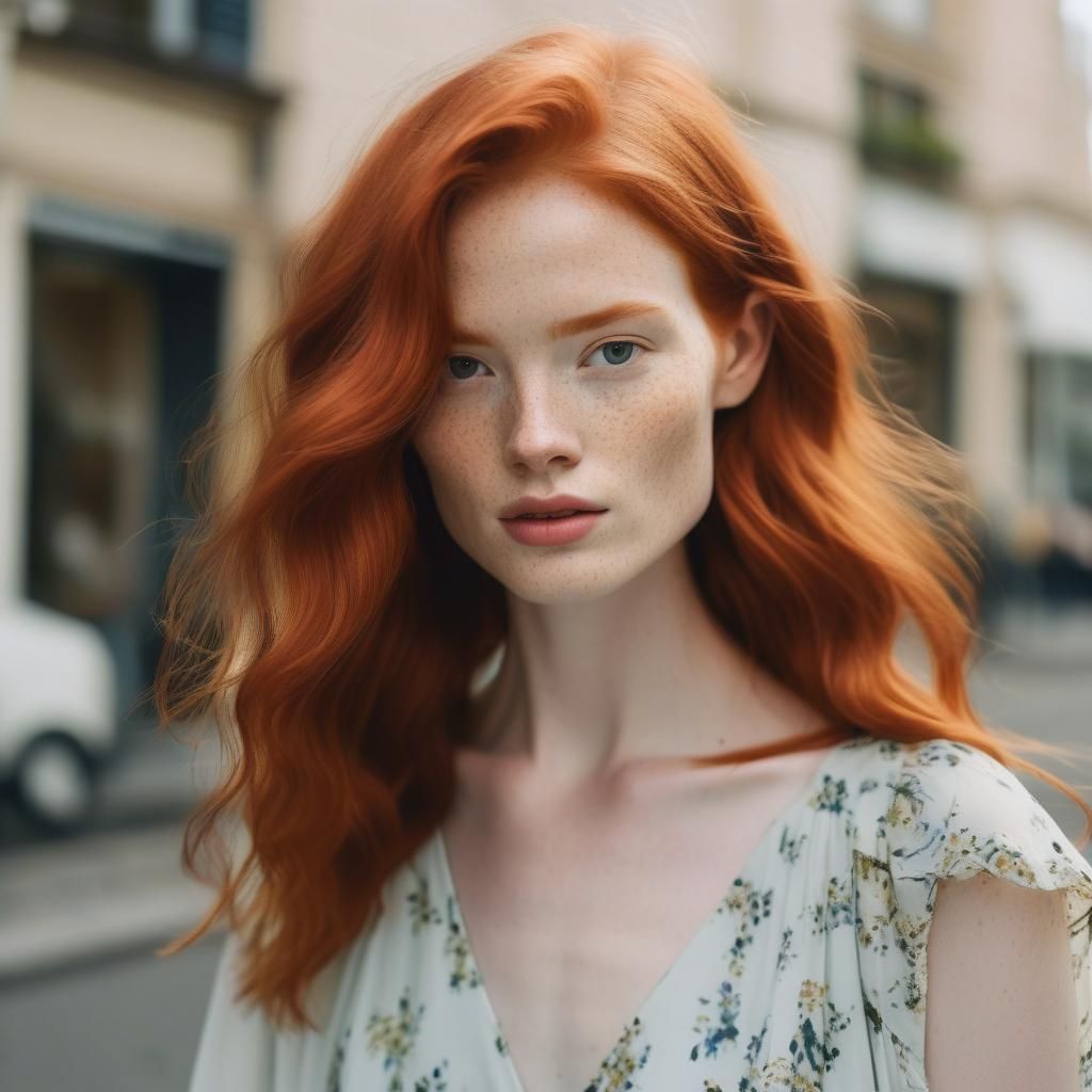 Redhead with Flowing Hair and Airy Dress