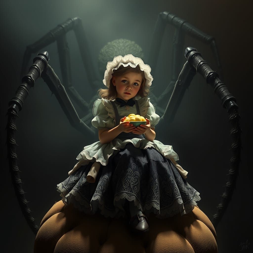 Little Miss Muffet and Spider in Dark Fantasy Style
