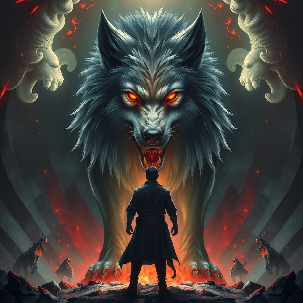 Epic Fantasy Portrait: Man Confronts Hellish Wolf in Symmetr...