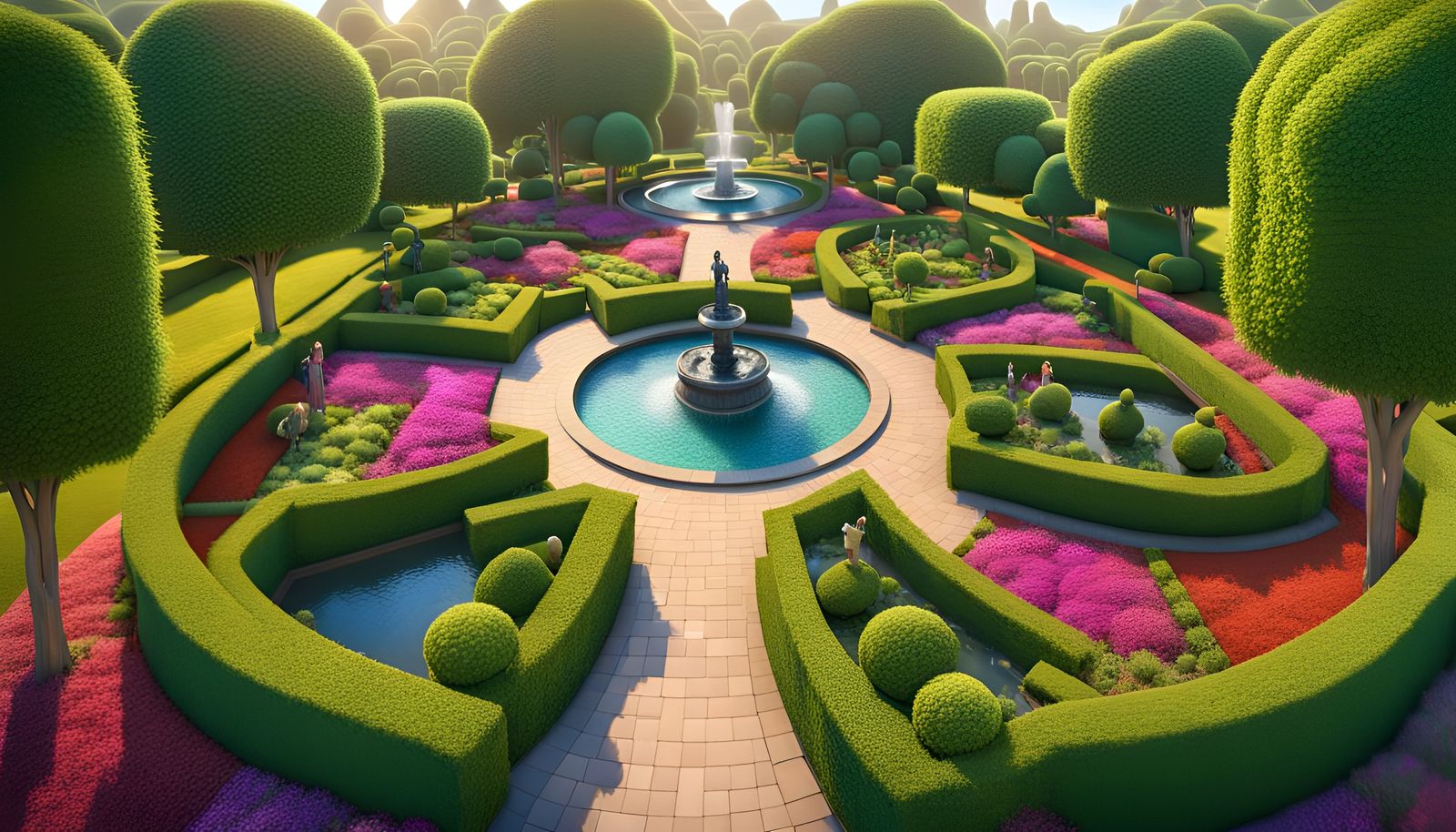Colorful Topiary Garden with Sculpted Hedges as 3D Art