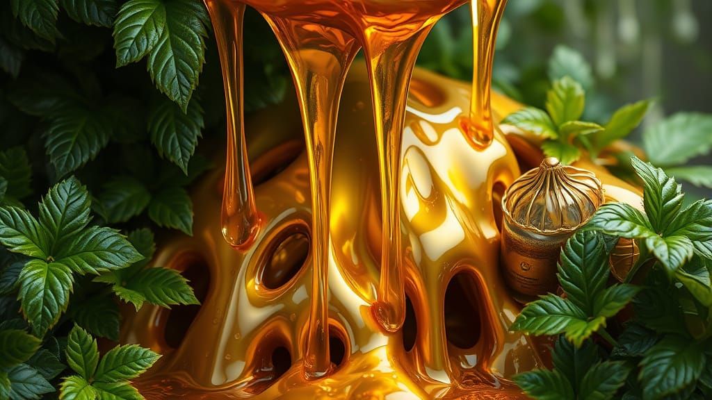 Surreal Metallic Honeyfall in Dreamlike Landscape