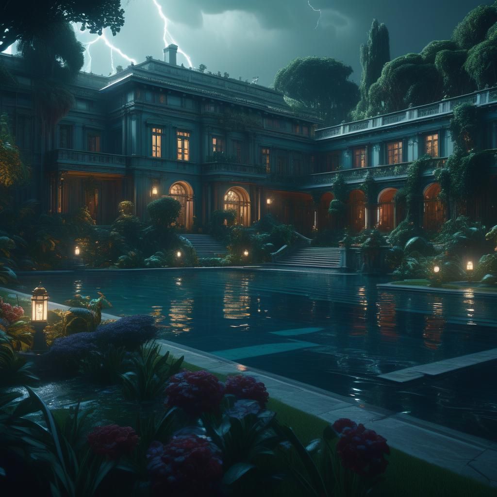 Los Angeles Mansion with Garden in Dramatic Lighting