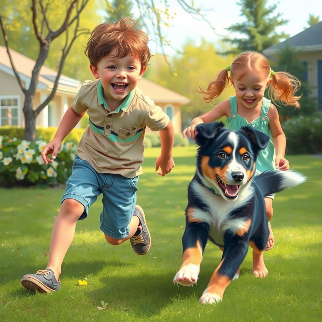 Joyful Family Moment in a Whimsical Suburban Setting