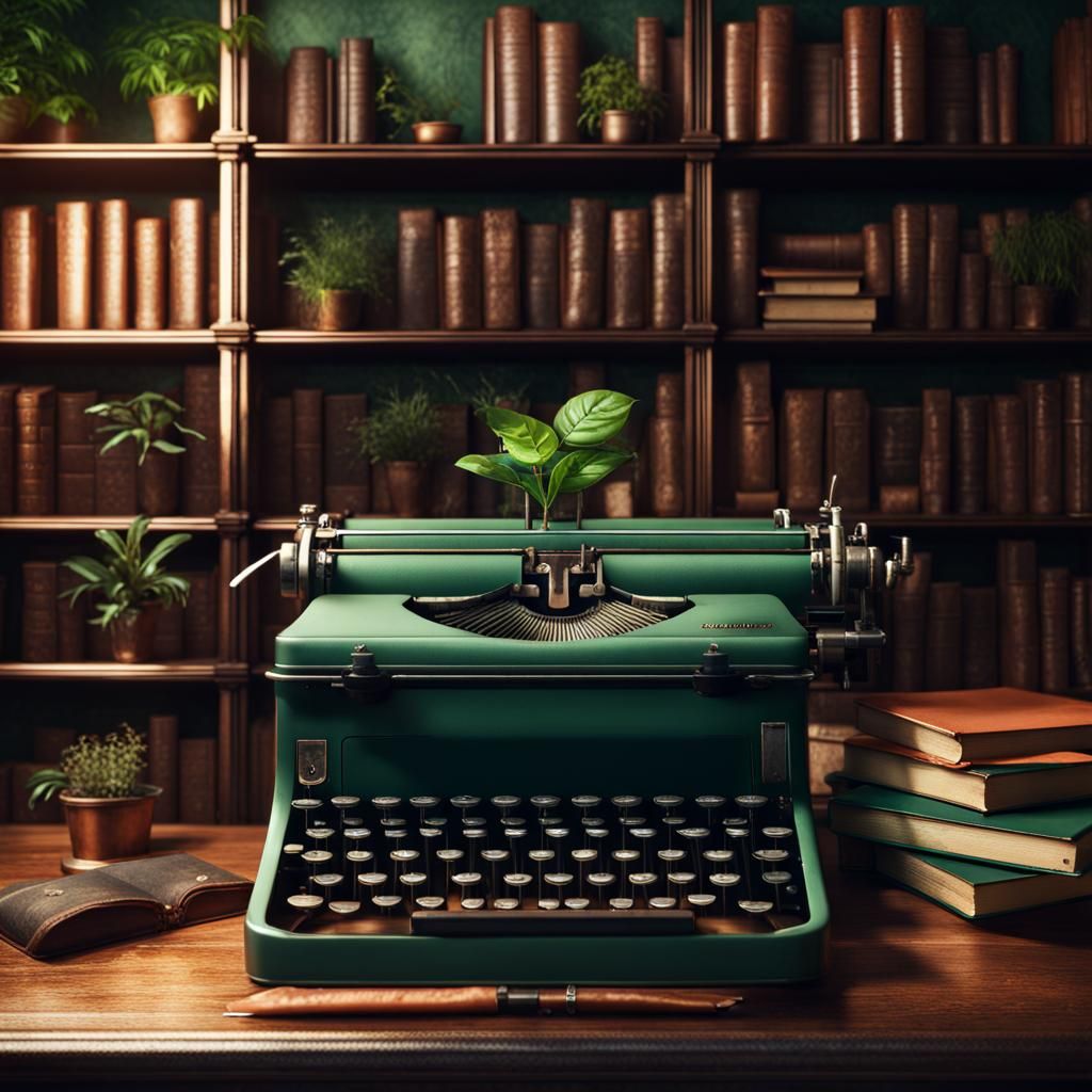 Vintage Copper Typewriter with Bookshelves, Detailed Matte P...