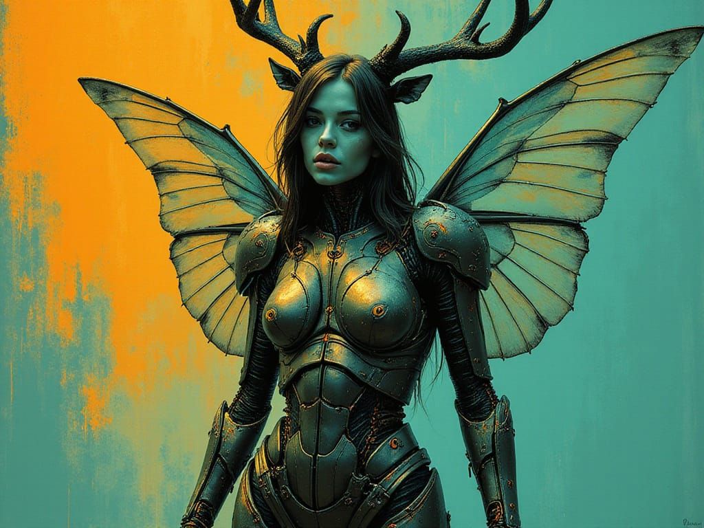 Cyborg Faerie Warrior in Futuristic Memphis Style