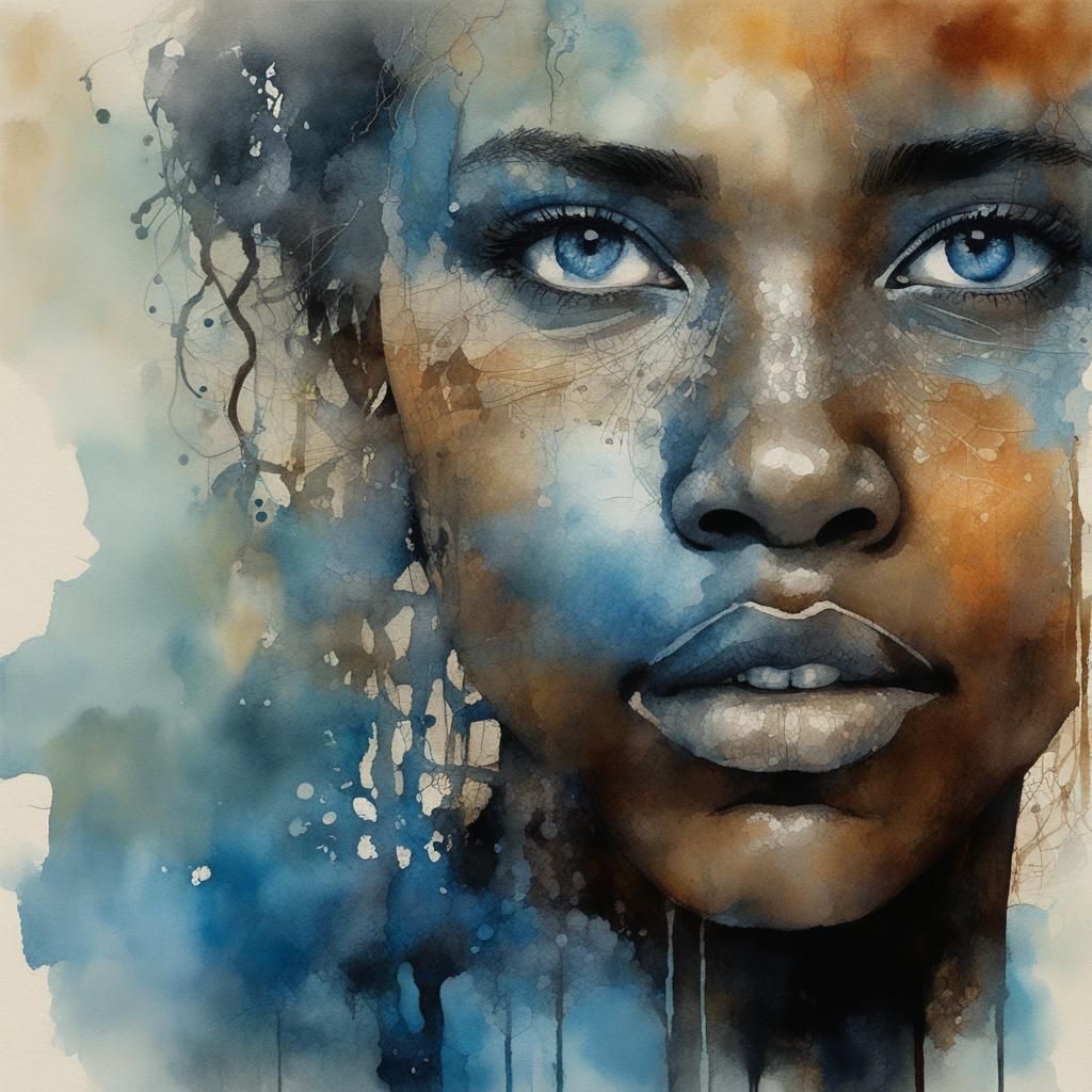 Blue-Eyed Black Woman Portrait in Watercolor Style