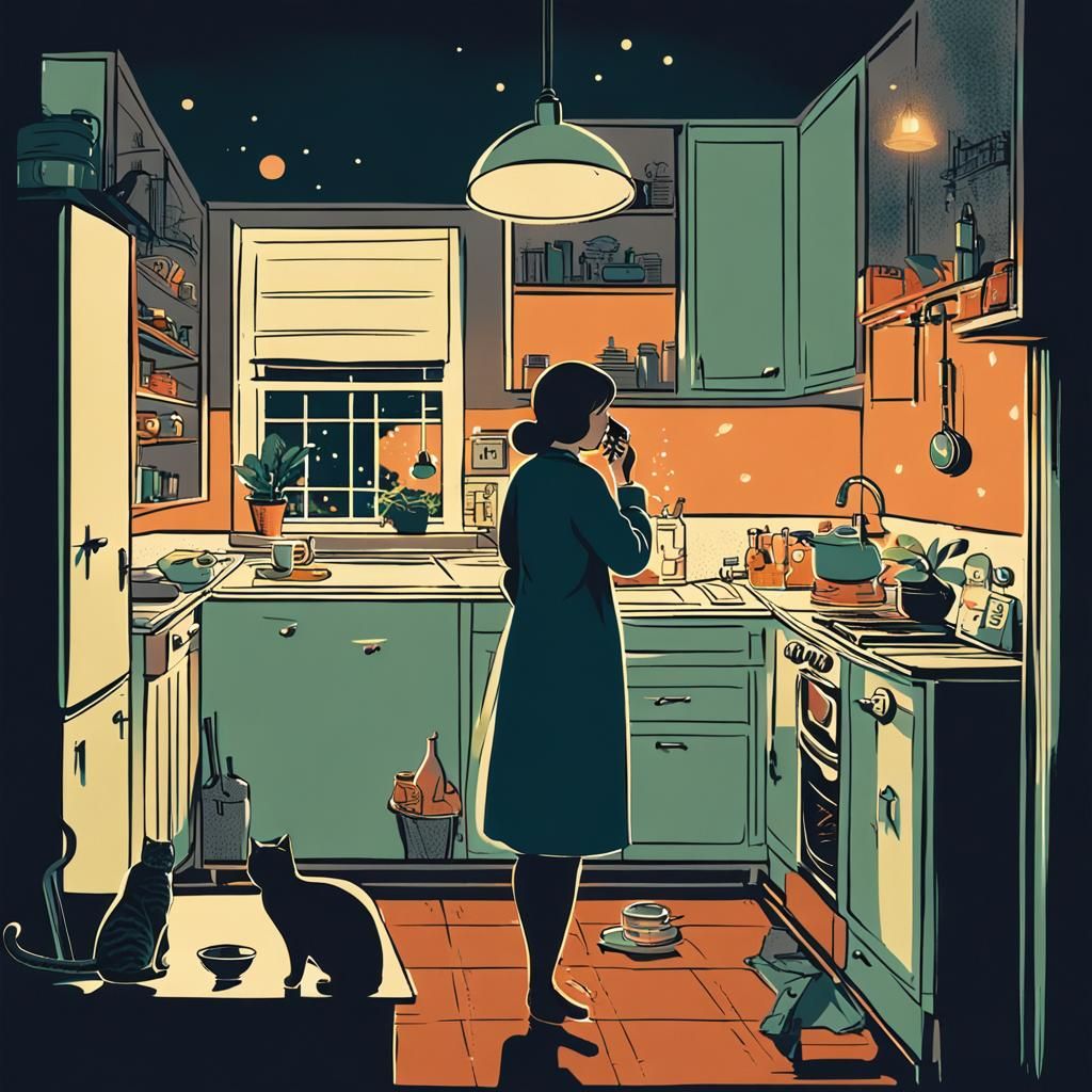Stressed Woman with Cat in Retro Kitchen